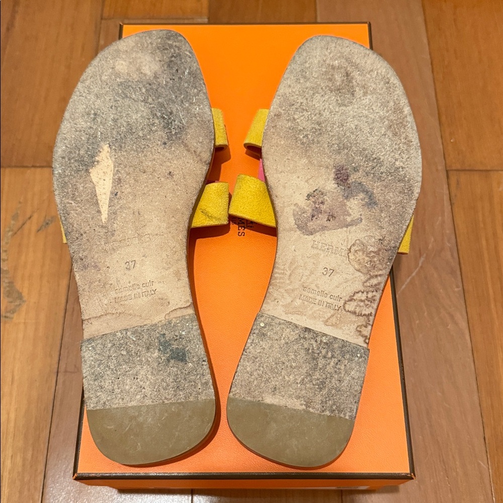 Hermès Oran Yellow and Pink Suede Sandals - Picture 5 of 6